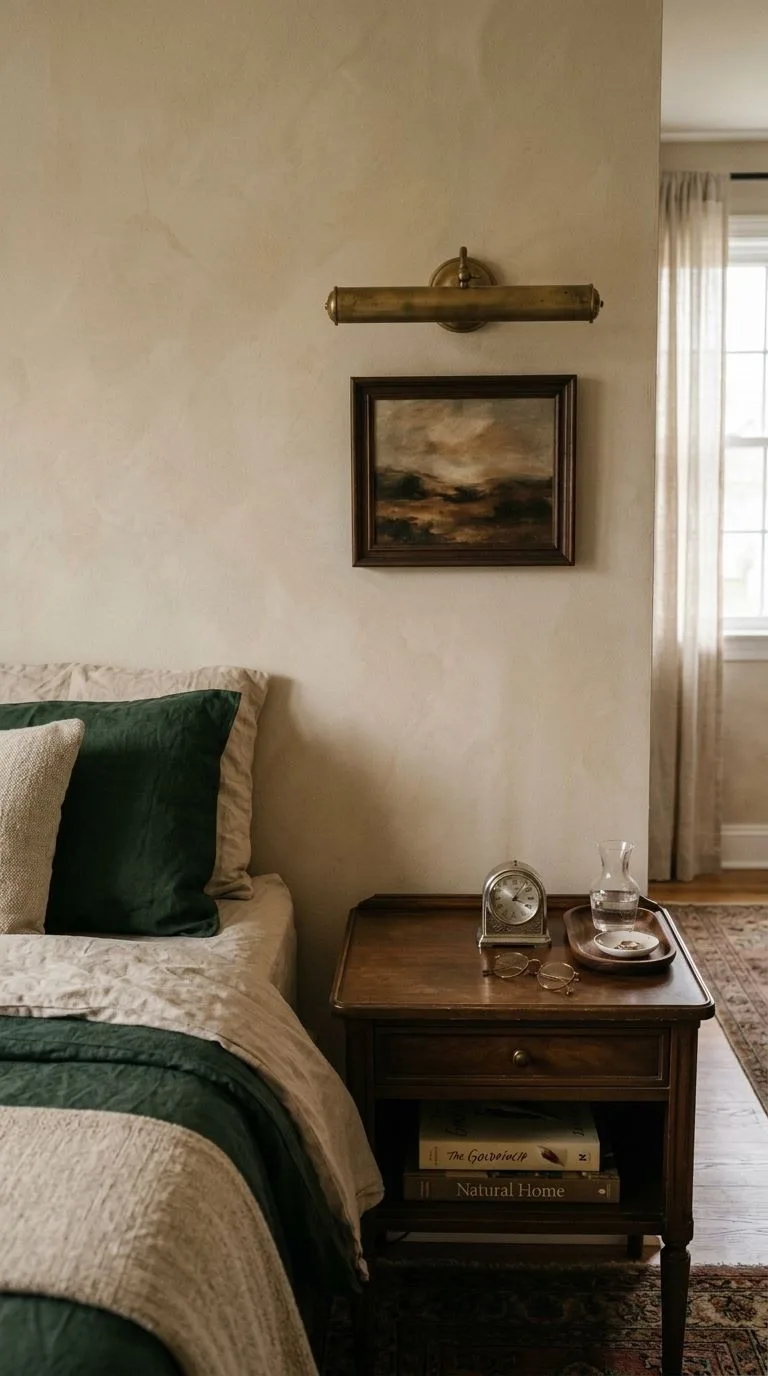 Wire-brushed oak floating ledge with framed art and seeded amber glass pendant above bed in bedroom