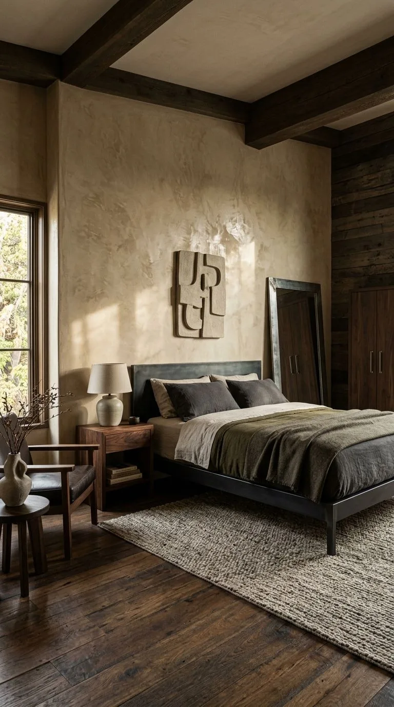 Blackened steel bed frame and walnut nightstand against tadelakt wall in timeless bedroom ideas modern traditional