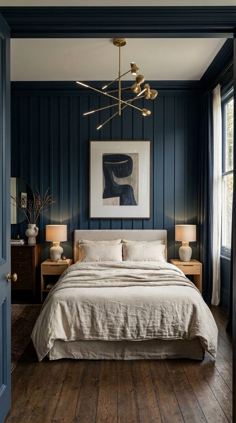 Moody navy board-and-batten panelling with unlacquered brass picture light in timeless bedroom ideas blue