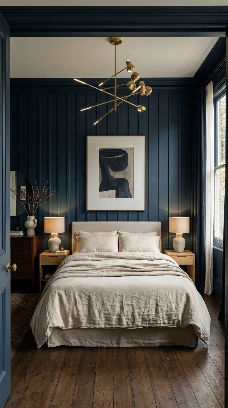 Moody navy board-and-batten panelling with unlacquered brass picture light in timeless bedroom ideas blue