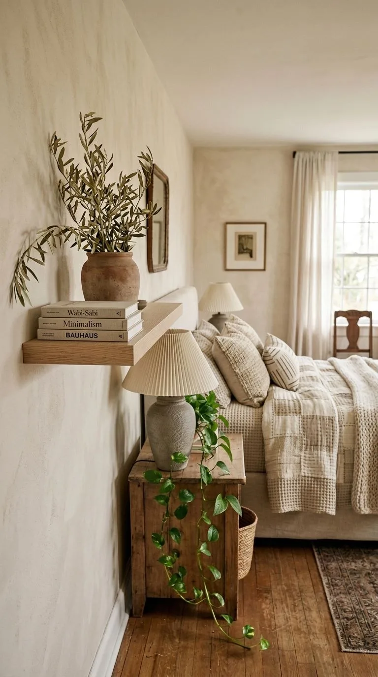 Dried olive branches and preserved moss on floating oak shelf with trailing pothos cascading below in bedroom