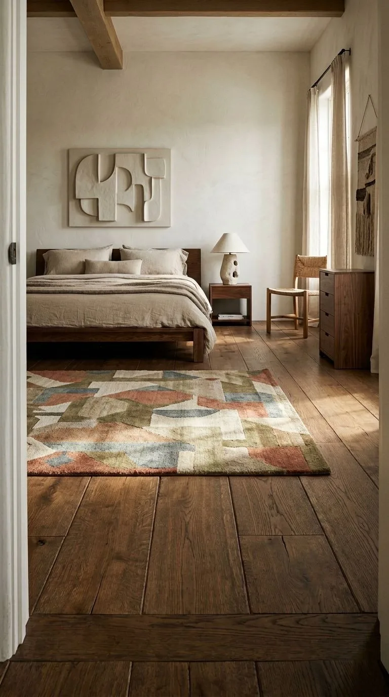 Wide-plank fumed European oak floor in minimal bedroom with pale walls and ivory bedding in mid-ground