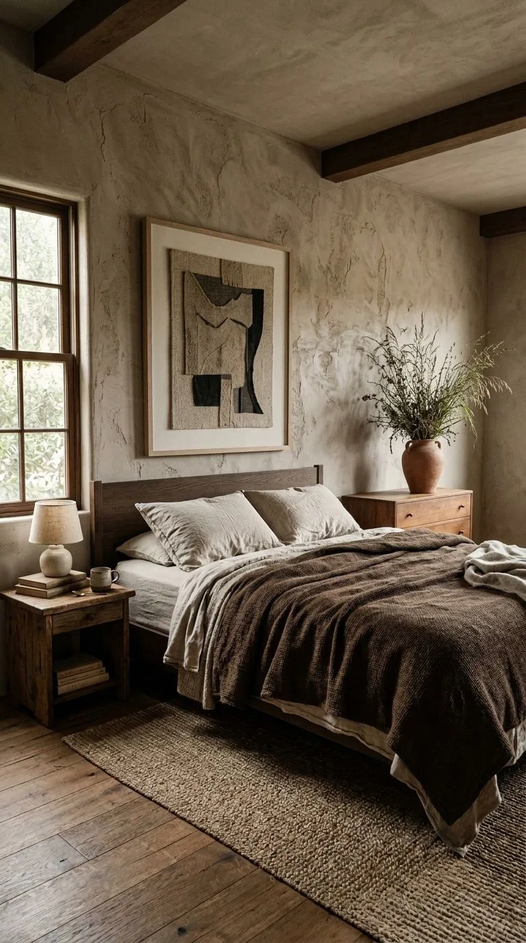 Limewash mushroom taupe accent wall behind headboard with hemp-cotton duvet in primary bedroom