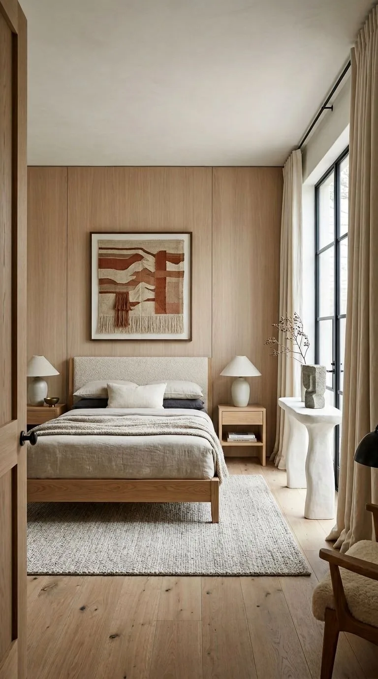 Full-height wire-brushed white oak panelling and floor-length linen drapes in bedroom with woven tapestry