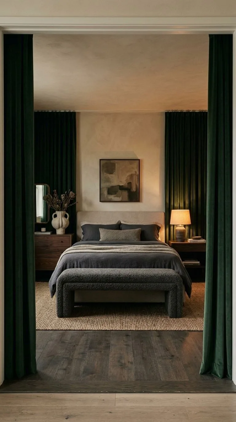 Floor-to-ceiling forest green velvet curtains in timeless bedroom ideas with charcoal boucle bench at foot of bed
