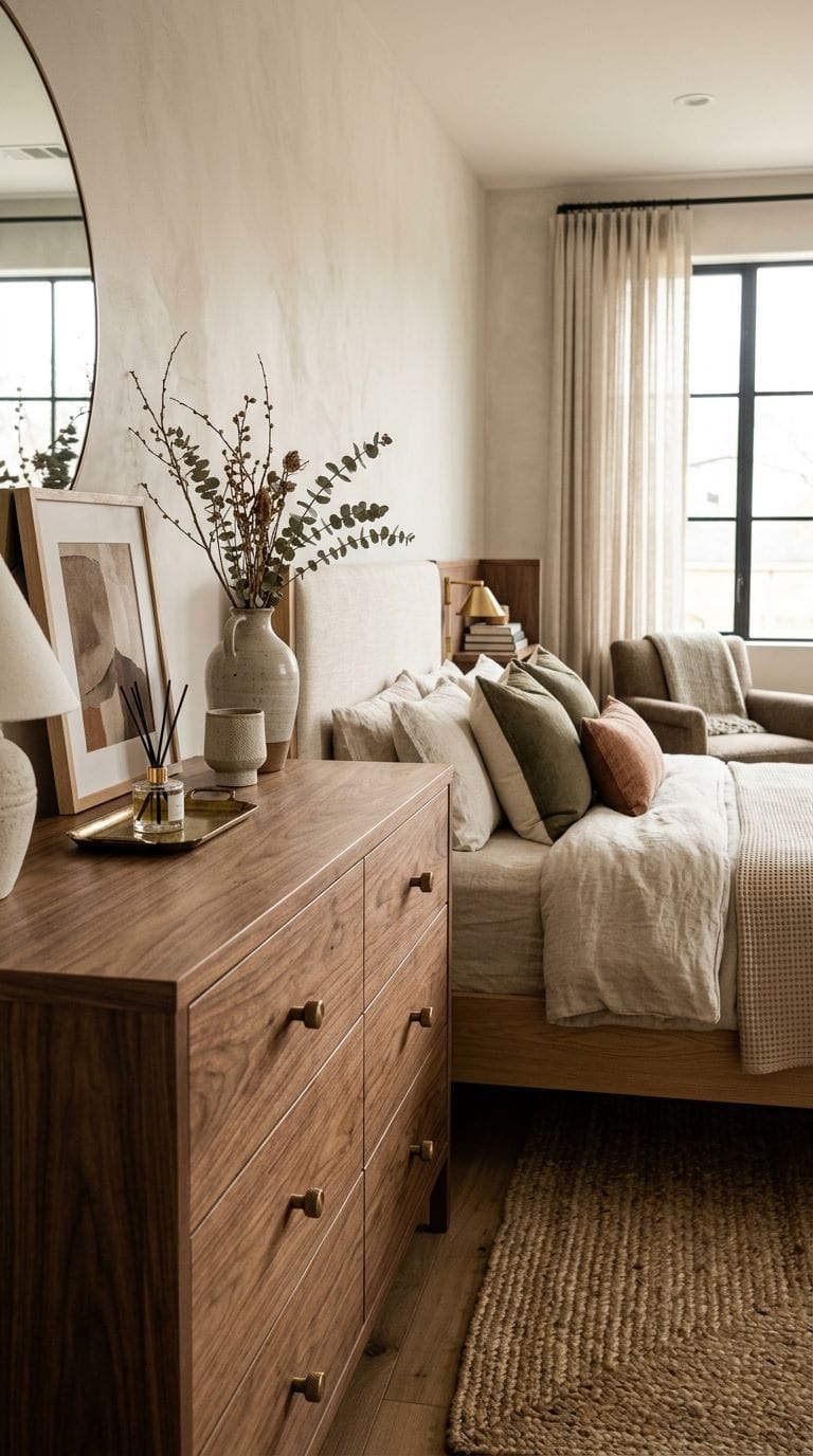 Knurled bronze drawer pulls on solid walnut dresser in primary bedroom with bed frame beyond