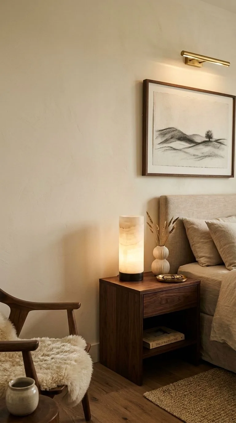 Alabaster bedside lamp with bronze base on walnut nightstand and unlacquered brass picture light on bedroom wall