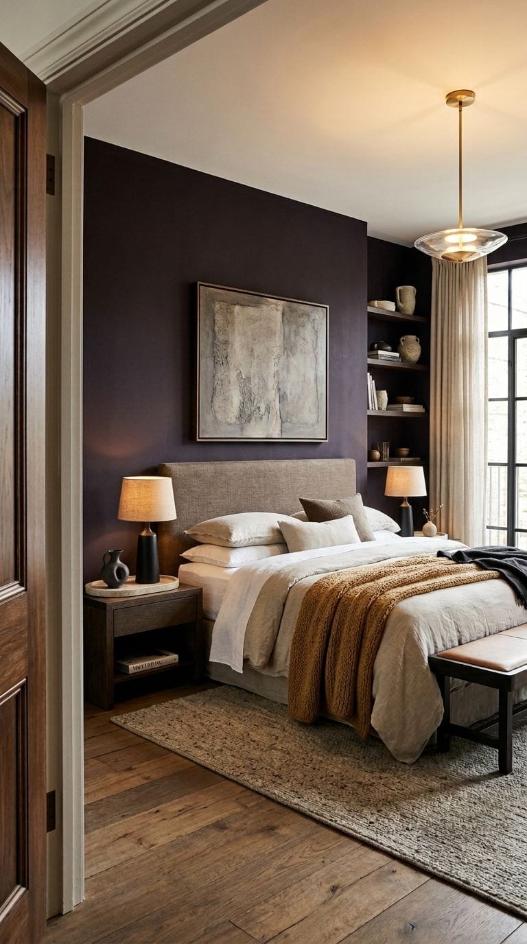 Deep aubergine accent wall behind headboard with travertine tray and alpaca throw in timeless bedroom