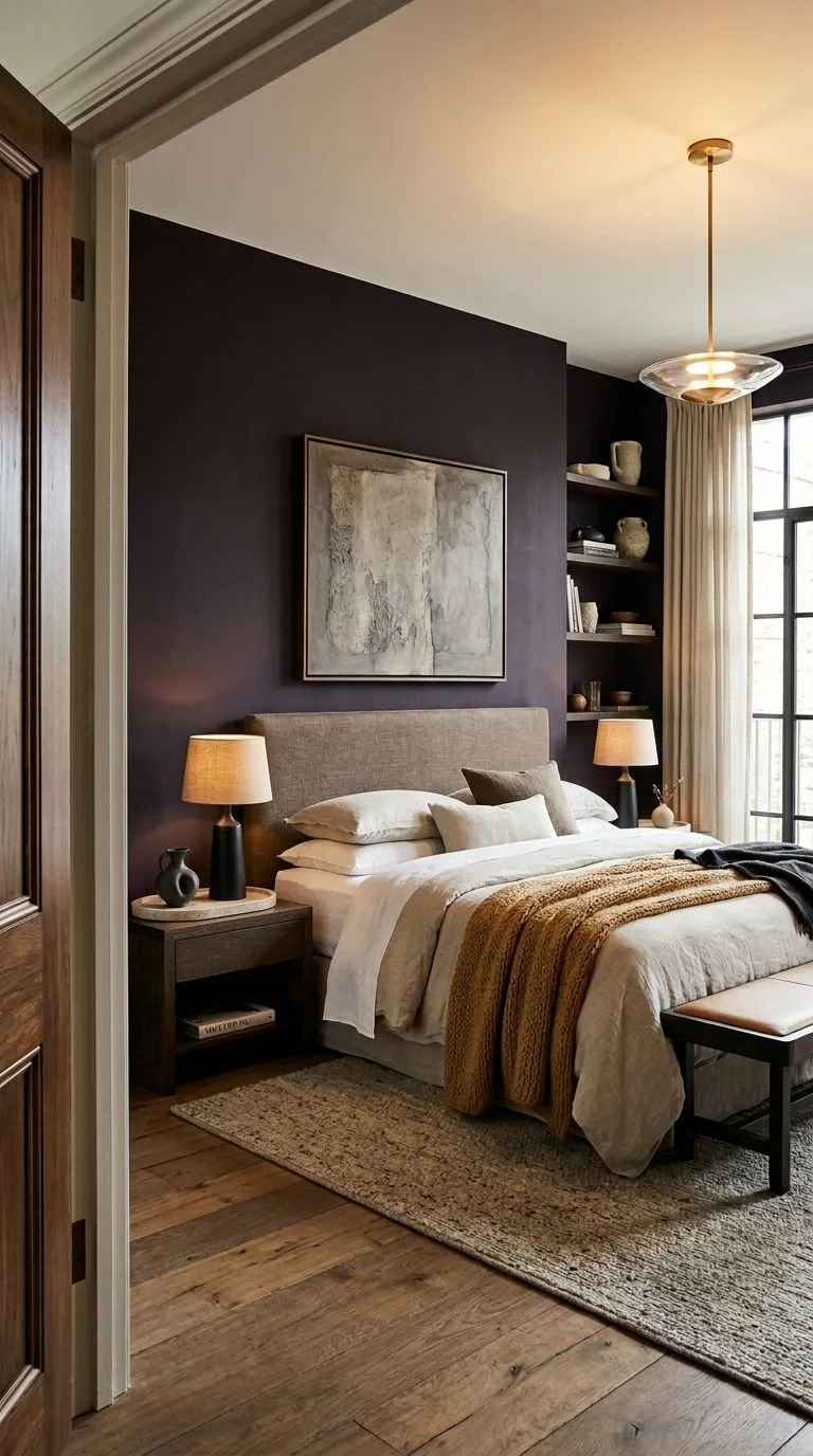 Deep aubergine accent wall behind headboard with travertine tray and alpaca throw in timeless bedroom 