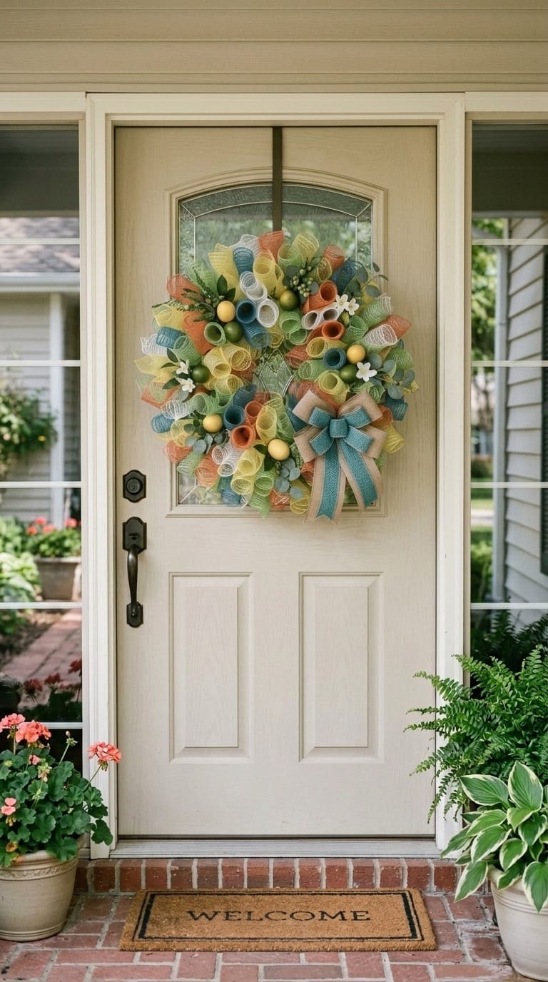 Citrus yellow deco mesh summer door wreath on suburban ranch front door