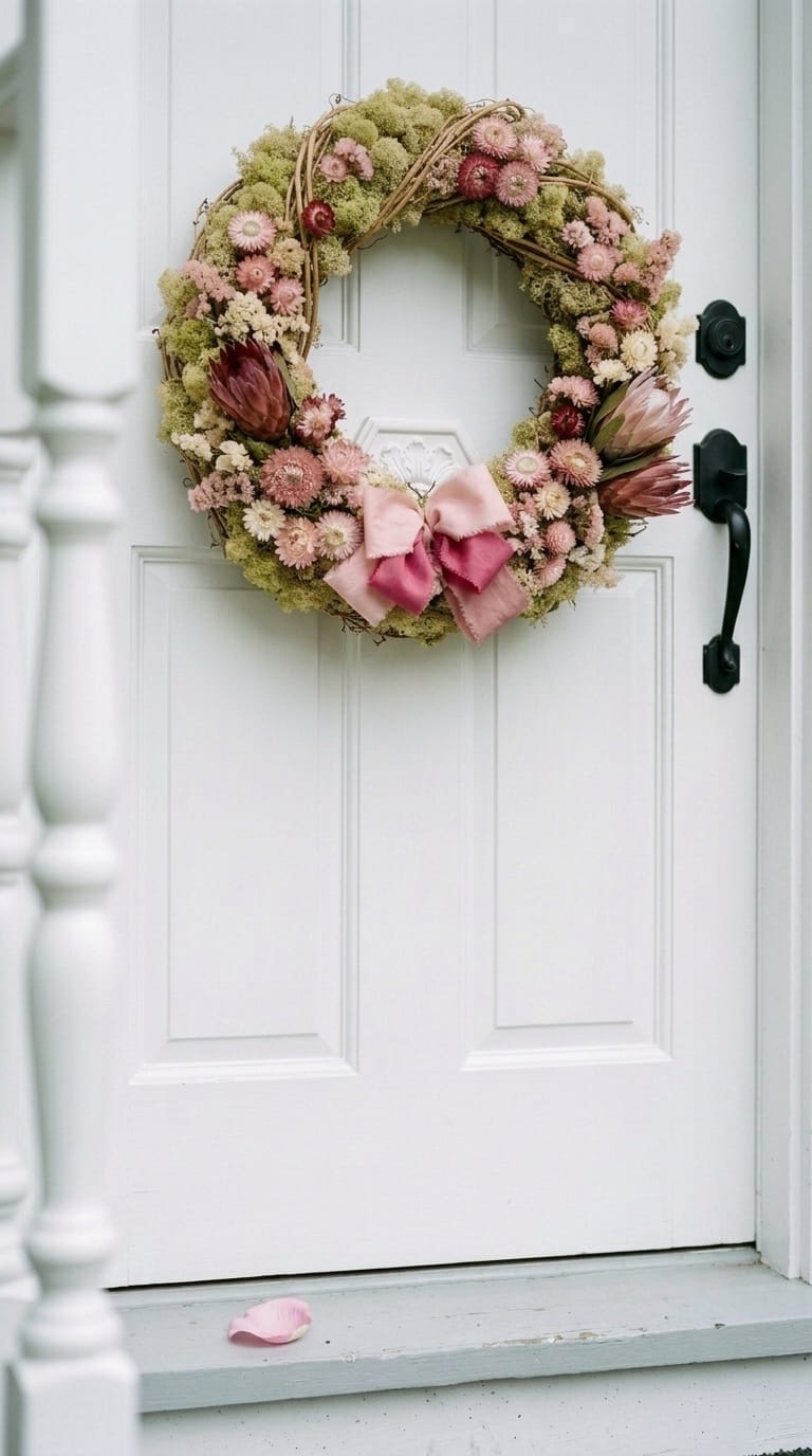 Layered pink silk ribbon wreath in blush berry and dusty rose on white Colonial front door