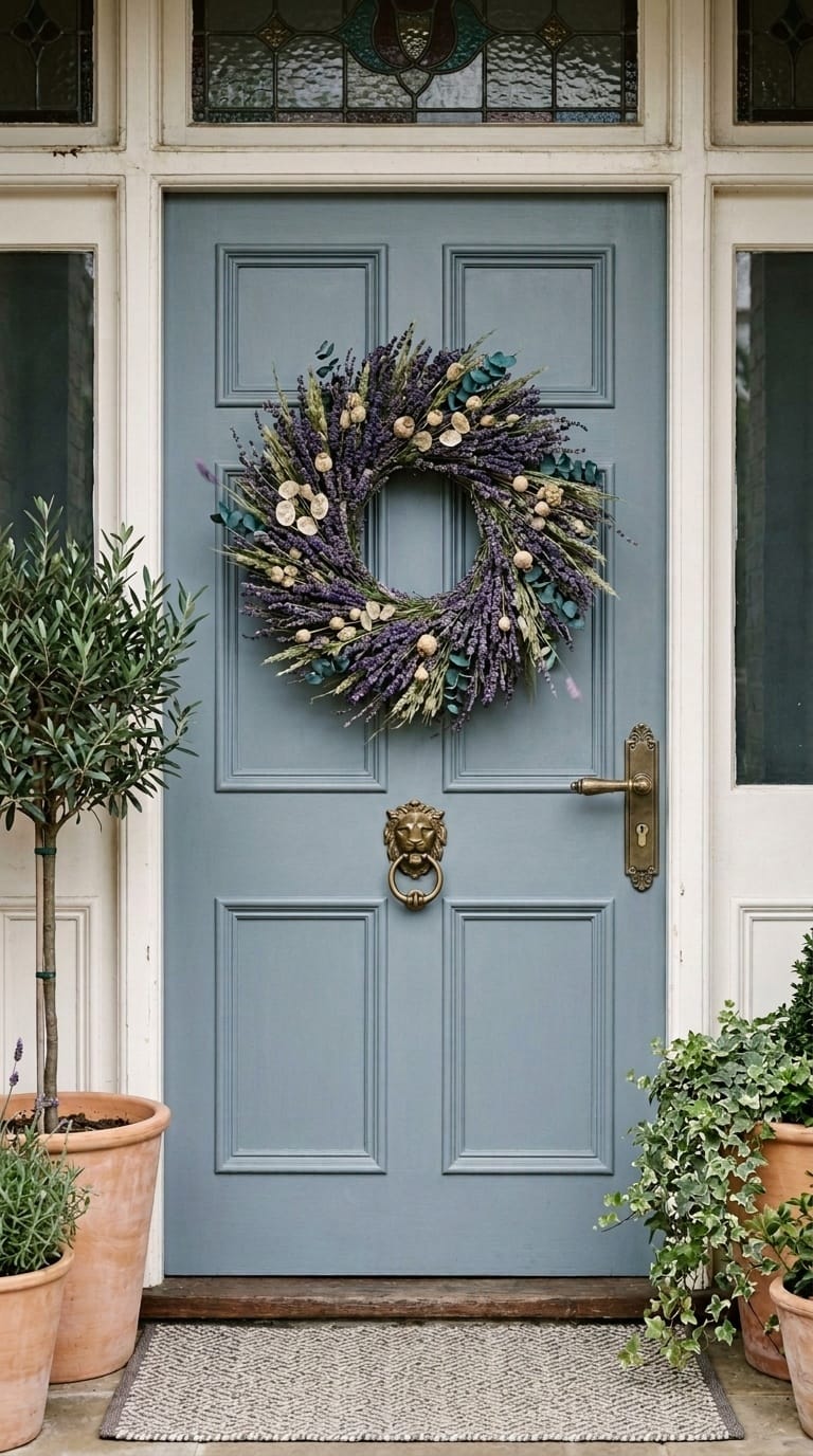 Dried lavender summer wreath with iron butterfly accent on Victorian painted lady porch