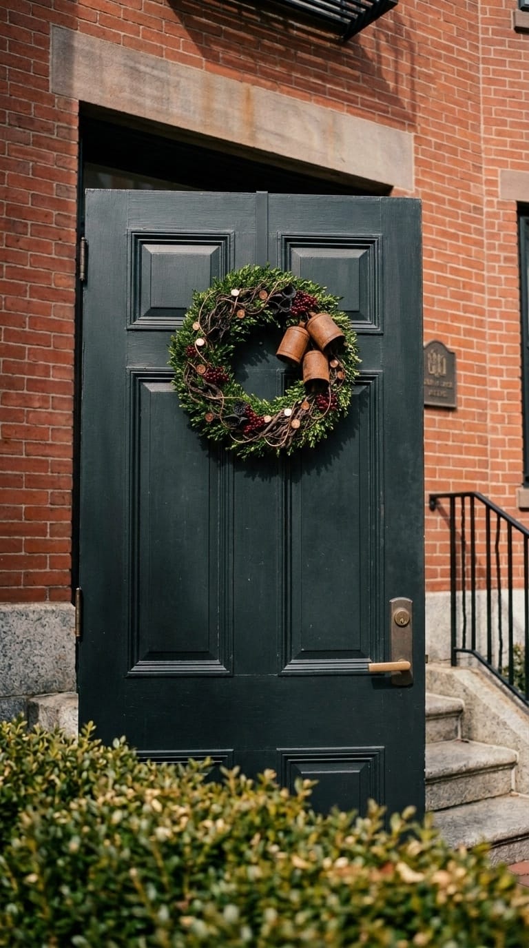 Oxidized iron bells and copper wire summer door wreath on brick townhouse entry