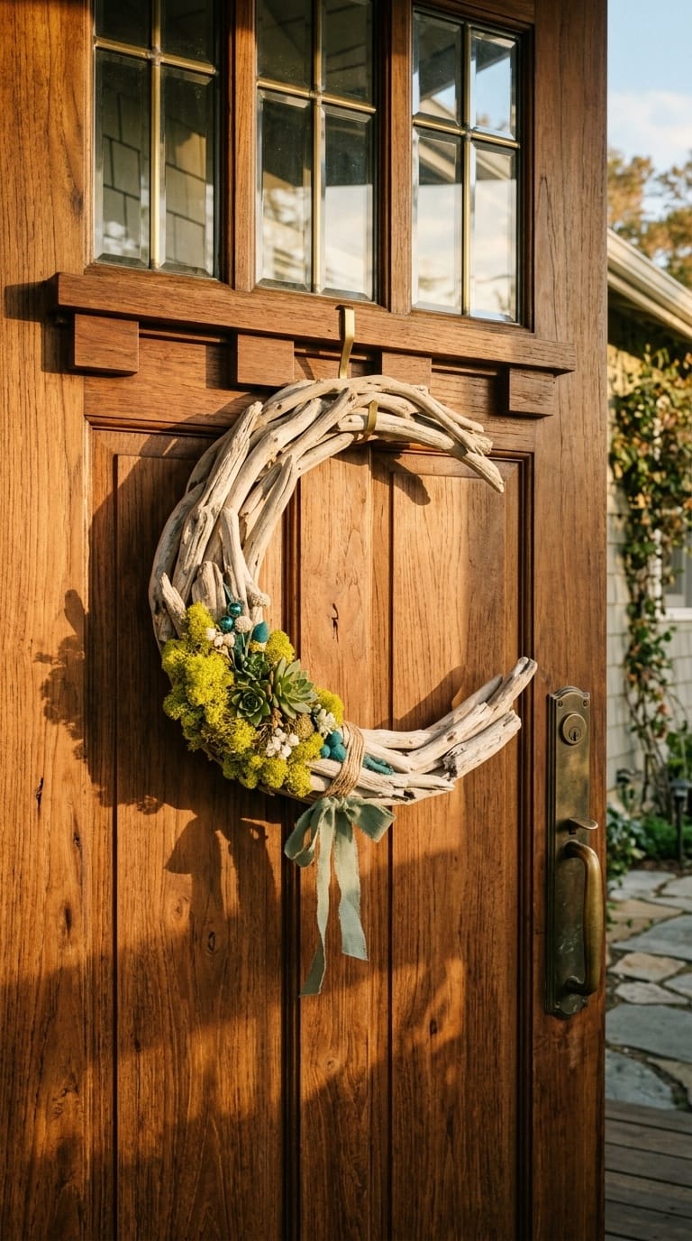Summer door wreath in bleached river-wood crescent with chartreuse moss on a Craftsman porch