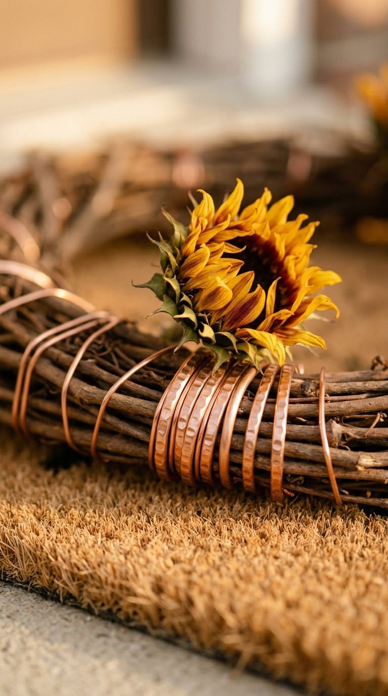 Hammered copper wire and dried sunflower on farmhouse screen door wreath