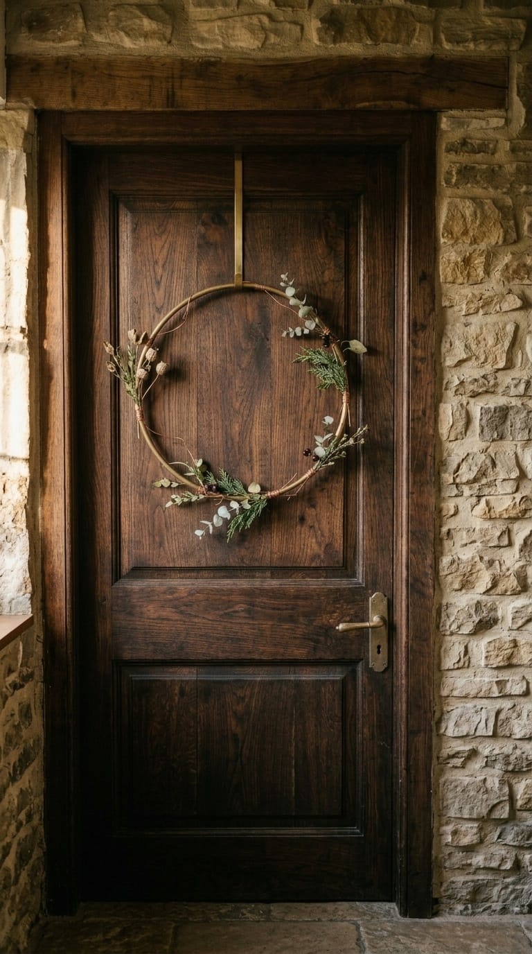 Unlacquered brass hoop wreath with copper wire and linen strips on dark walnut door
