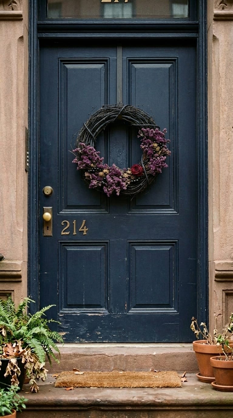 Charred grapevine wreath with plum statice and iron beads on brownstone dark door