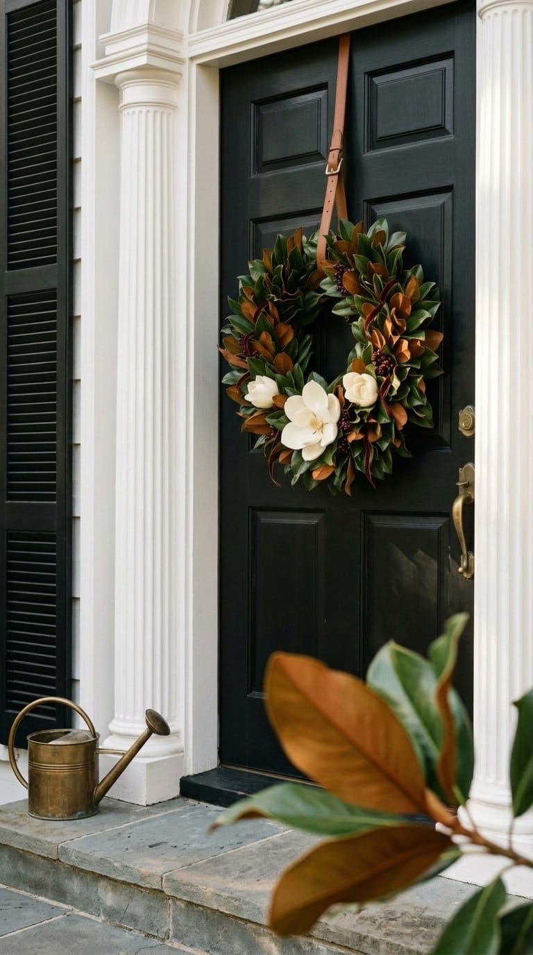 Preserved magnolia bloom wreath with copper-backed leaves on plantation-style entry