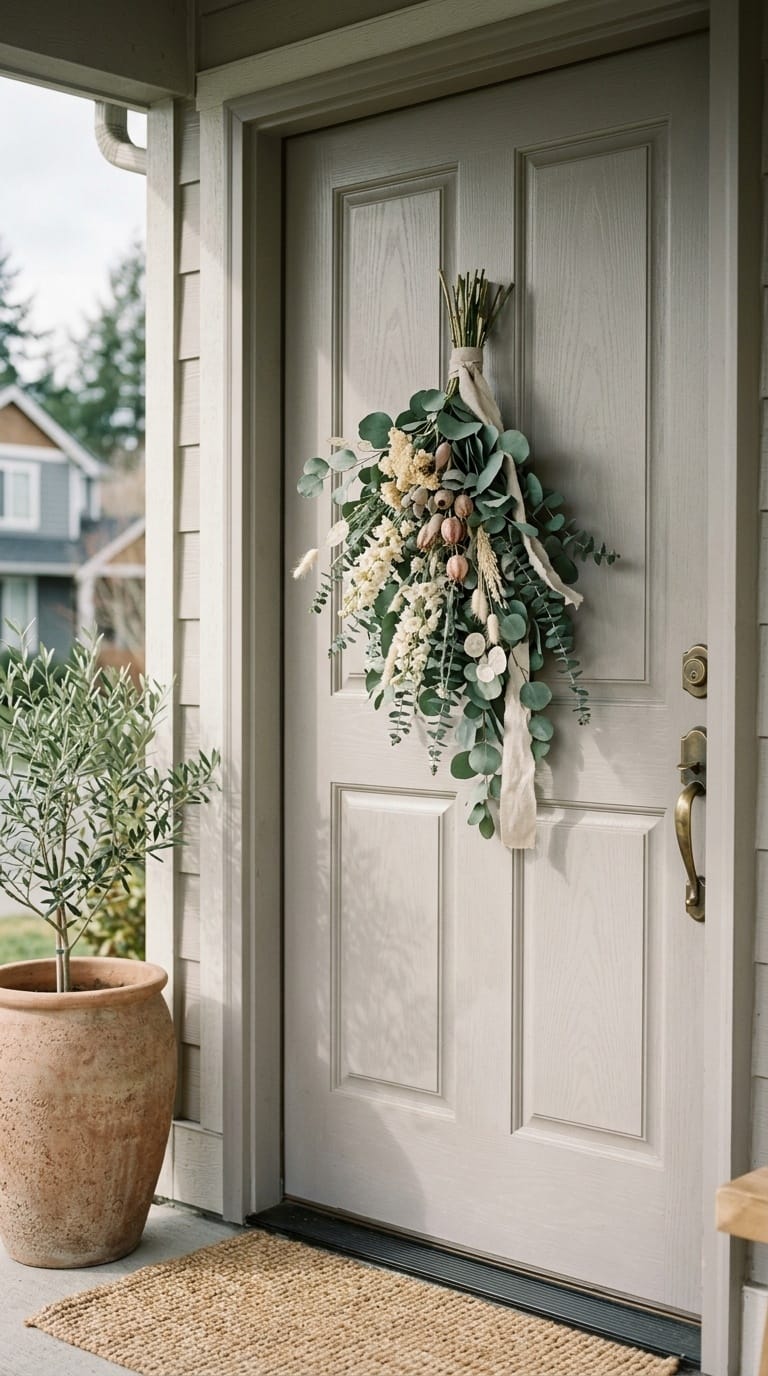Eucalyptus door swag cascade with olive branches on Spanish colonial arched entry