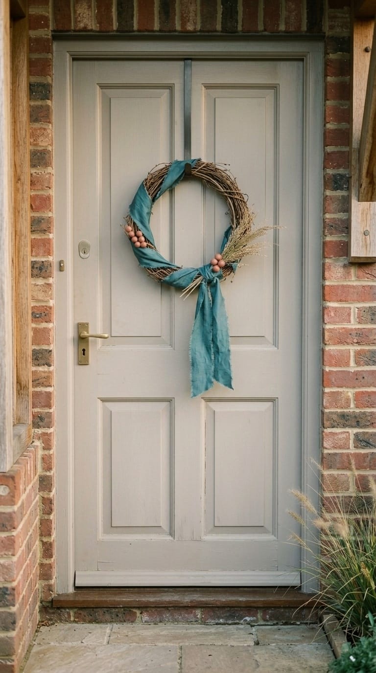 Trailing petrol teal silk ribbon wreath on Tudor arched door with leather strap