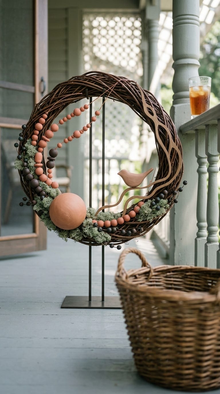 Terracotta beads and sage moss wreath suggesting watermelon on cottage porch door