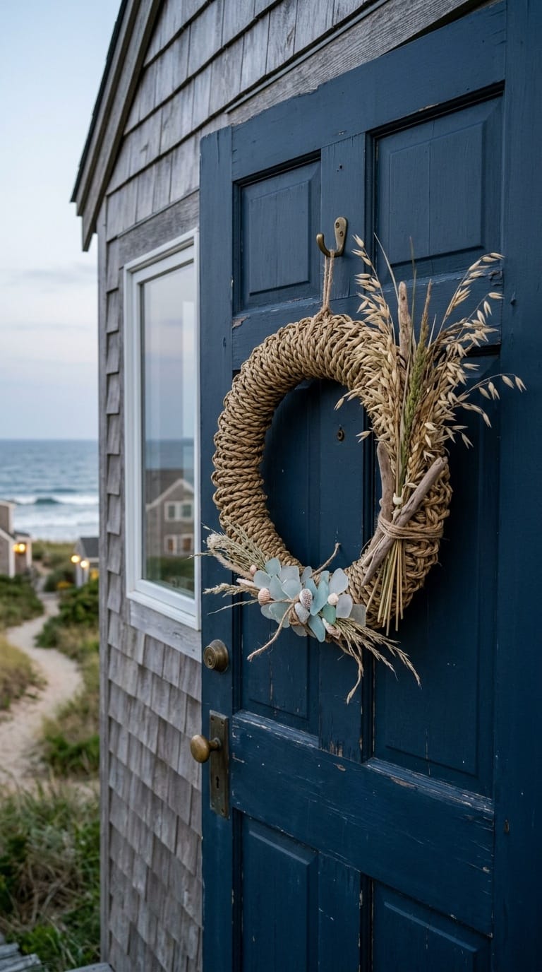 Dried sea oats and tumbled sea glass on seagrass wreath at beach house front door
